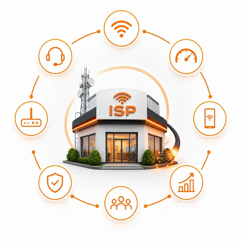 Provedor de internet ISP — torre, fibra óptica, Wi-Fi, velocidade, suporte e segurança